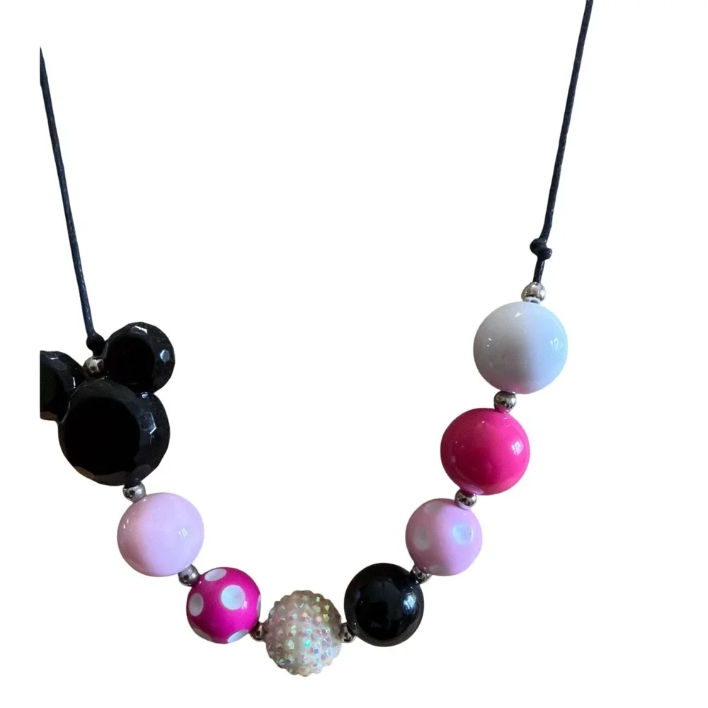 Handmade Mouse Head Bubblegum Bead Necklace Pink Black White Whimsical